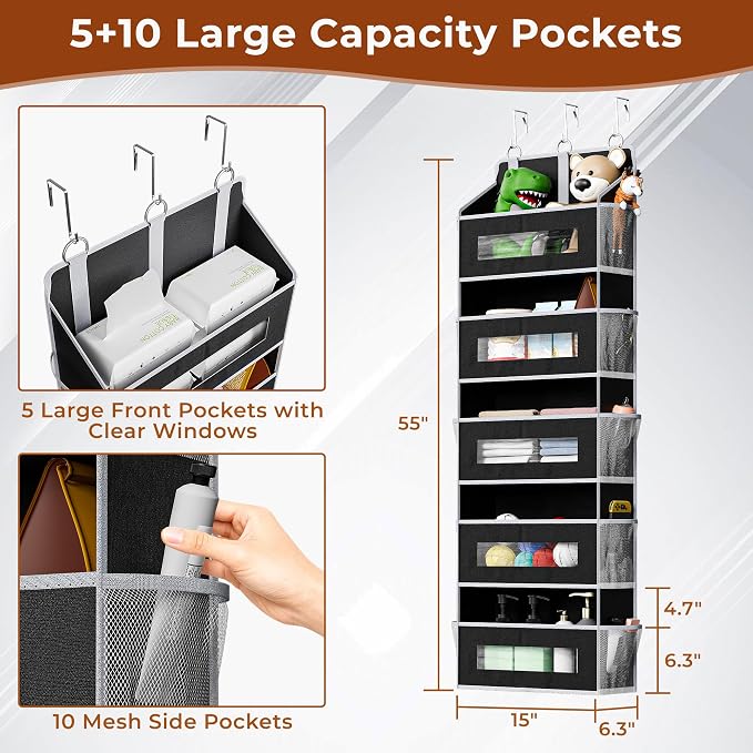 2 Pcak 5 Tier Over The Door Organizer - Large Capacity Behind Door Hanging Shelves with 10 Mesh Pockets and Clear Windows, Closet Organizers and Storage for Bathroom, Bedroom, Nursery, Black - Image 2