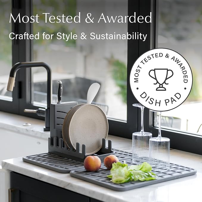 Dorai Home Collapsible Dish Drying Rack with Stone Dish Pad - Kitchen Counter Set with Diatomaceous Earth Stone Dish Mat for Quick Drying - Space-Saving Design - Large 24.6" x 16.5", Slate - Image 6