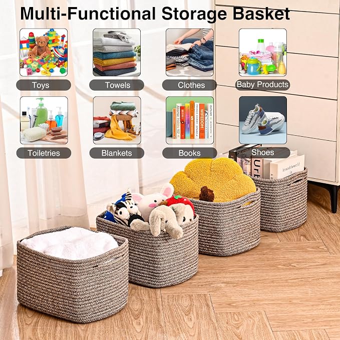 ICERZCZ Storage Baskets for Shelves Organizing, Woven Cotton Rope Baskets for Storage, Book Basket, Decorative Shelf Basket, 12.5"Lx9.1''Wx7.9''H (4 Packs) Dark Brown - Image 4