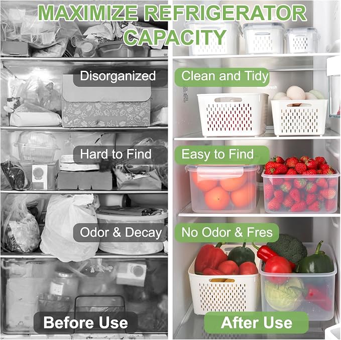 CAPHONT Fruit Containers for Fridge 6 Pcs 2-in-1 Large Fridge Food Storage Container Set with Lids with Strainer 6 Size Clear Vegetable Storage Containers Keep Fruits, Vegetables, Meat Fresh Longer - Image 6