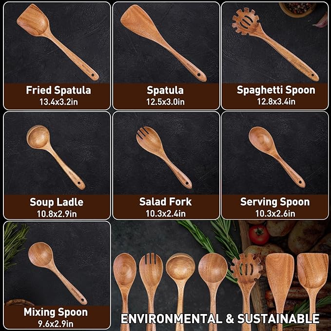 Wooden Spoons for Cooking,WOTTISH 7Pcs Wooden Cooking Utensils,Nonstick Wooden Spatula,Wooden Kitchen Utensils Set Non Toxic,Wooden Utensil Set(A07) - Image 3