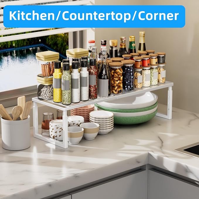 Cabinet Shelves, 2 Pack Stackable Shelves for Kitchen Storage | Expandable & Height Adjustable Cabinet Organizer Shelf | Metal Shelf Organizer | White Spice Rack for Pantry Storage - Image 7