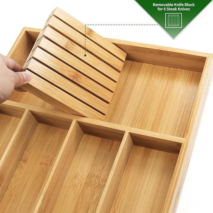 VaeFae Bamboo Silverware Drawer Organizer, 5 Slots, Natural | Wooden Cutlery Tray with Divider for Kitchen, Flatware Storage,43 cm D x 32 cm W, 5 Slots, Natural - Image 4