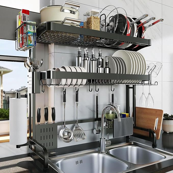 LIVOD Over The Sink Dish Drying Rack,3 Tier Adjustable Length Full Stainless Steel Large Storage Kitchen Dish Rack,for Kitchen Counter Expandable Multifunctional Organizers,Silver (25.5'' to 37.6'') by LIVOD