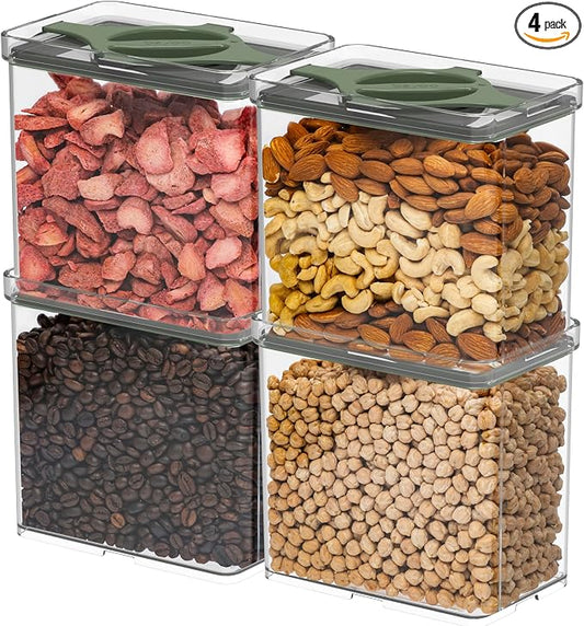 4-Pack Airtight Pantry Containers, 1.9 QT / 1.8 L Clear Food Storage Jars with Leakproof Twist-Lock Lids, Detachable Lid for Easy Cleaning, Cereal, Pasta, Rice, Oats, Snack Storage- Green by Prestoor
