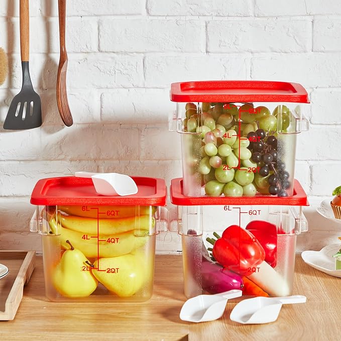 Hsei 6 Set 6 Quart Food Storage Containers with Lids & 6 Pcs Plastic Ice Scoop Square Commercial Containers with Scale for Kitchen Restaurant Freezer Cereal Rice Storage(Red) - Image 4