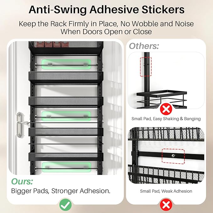 SNTD 8 Tiers Over the Door Organizer, 17" W x 6" D x 69" H, Black | Pantry Door Organizers and Storage, Height Adjustable Spice Rack, Dense Mesh Baskets, Anti-Swing, Adjustable Door Fastener - Image 6