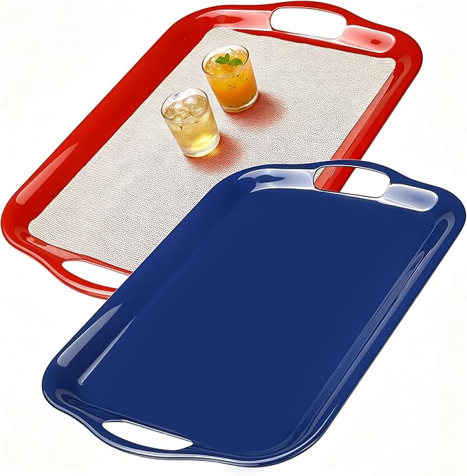 Extra Large Melamine Platters, Serving Tray with Handles for Cookie, Cupcakes, Desserts, Dishwasher Safe, Ottoman Tray Decor, Set of 2, 2 pcs Mats Included (Red&Blue, 21''x14'') by BEESEBN