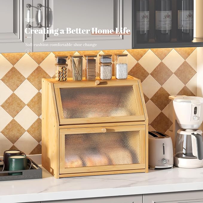 STDDRE Bread Box for Kitchen Countertop Bin Double Layer Bread Box Storage Container Extra Large Capacity with Diamond Pattern Windows (Natural, Extra Large) - Image 5