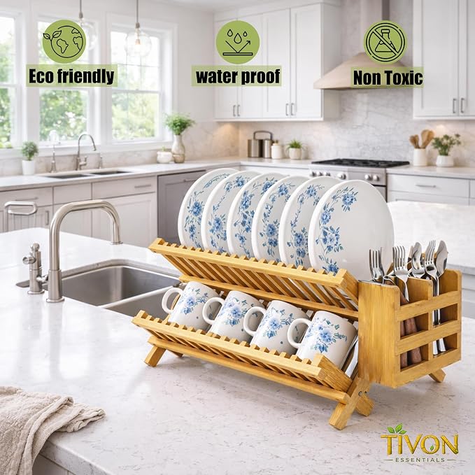 Bamboo Dish Drying Rack with Utensil Holder & Absorbent Dish Drying Mat|3Tier Collapsible Wooden Dish Rack for Kitchen Countertop|Large Foldable Dish Drainer|Kitchen Organizer for Plates Cups utensils - Image 8