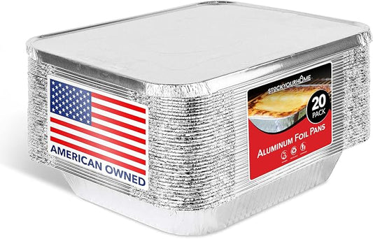 Stock Your Home Foil Pans with Lids - 9x13 Aluminum Pans with Covers - 20 Foil Pans and 20 Foil Lids - Disposable Food Containers Great for Baking, Cooking, Heating, Storing, Prepping Food Silver by StockYourHome