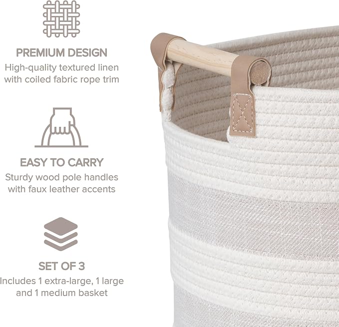 RGI Home Storage Baskets for Organizing, Textured Linen and Fabric Rope, Set of 3 Oval Decorative Woven Bins, Multi-Sized with Easy-Carry Premium Wooden Handles, Cream with Ivory Trim - Image 4