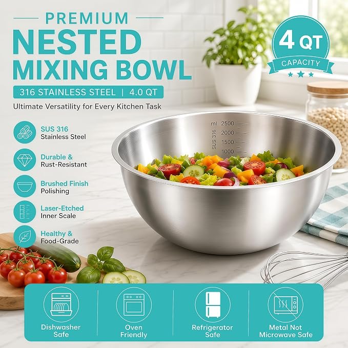 Stainless Steel Mixing Bowls Set of 3, 1.5/2.5/4 Qt Metal Mixing Bowl Set for Baking, Salad, Cooking & Meal Prep, Nesting Stainless Steel Bowls with Measurement Marks, Dishwasher Safe - Image 5