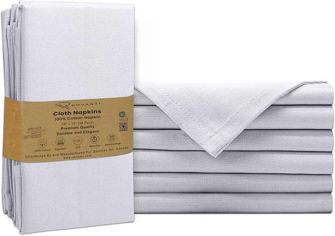 Ruvanti Cloth Napkins Set of 6, 100% Cotton High GSM 18x18 Inches Soft, Washable, Highly Durable & Absorbent, Perfect for Parties, Christmas, Thanksgiving Dinners – White by Ruvanti