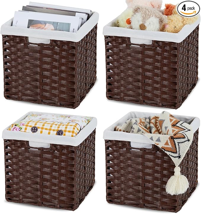 Bidtakay Wicker Cube Storage Bins with Liners 11x11 inch Woven Baskets for Organizing 4-Pack Waterproof Imitation Rattan Woven Cube Organizer with Handles for Pantry-Reddish Brown by BidtakayBaskets
