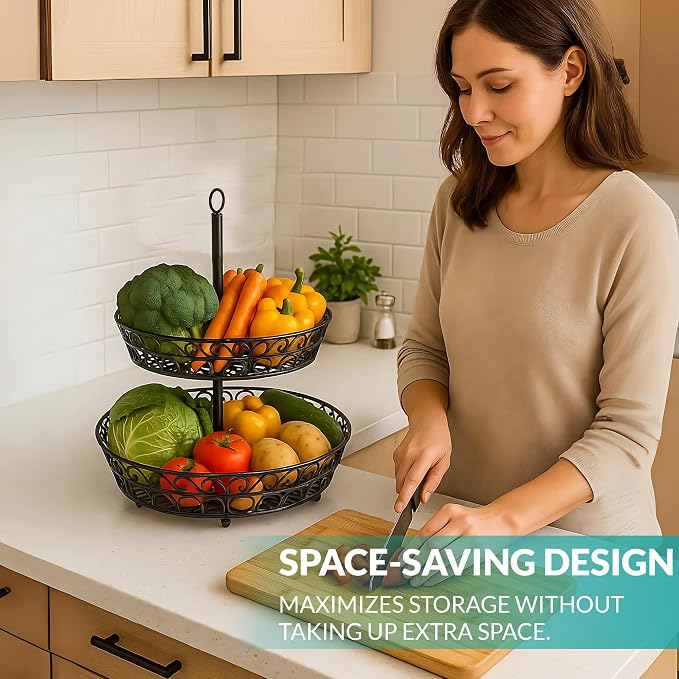 2-Tier Fruit Basket for Kitchen Counter, Stackable Metal Fruit & Vegetable Holder - Image 3