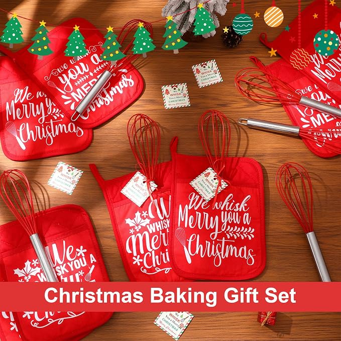 LemonRoad 12 Sets Christmas Whisk Baking Gift Set Xmas Silicone Whisks Oven Mitt Pot Holder Greeting Cards Ribbon Bags for Holiday Kitchen Utensils Cooking Supplies Neighbor Gift(Classic,Red) - Image 4
