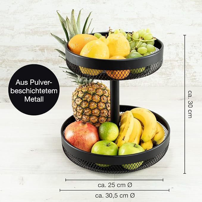 Tiered Black Metal Fruit Basket - Large Modern Fruit Bowl for Kitchen Counter - Multi-Tier Etagere for Fruit, Vegetables, Bread - Space-Saving Storage Tray 30.5/25 x 30cm - Image 3