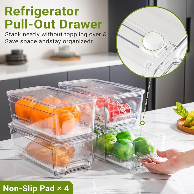 Imncya 3 Pack Fridge Organizer Bins, Refrigerator Organizers and Storage | Stackable Pull-Out, Refrigerator Drawers with Lids, Clear Design with Drain Tray, Fruits Vegetables Snack Storage Containers - Image 4