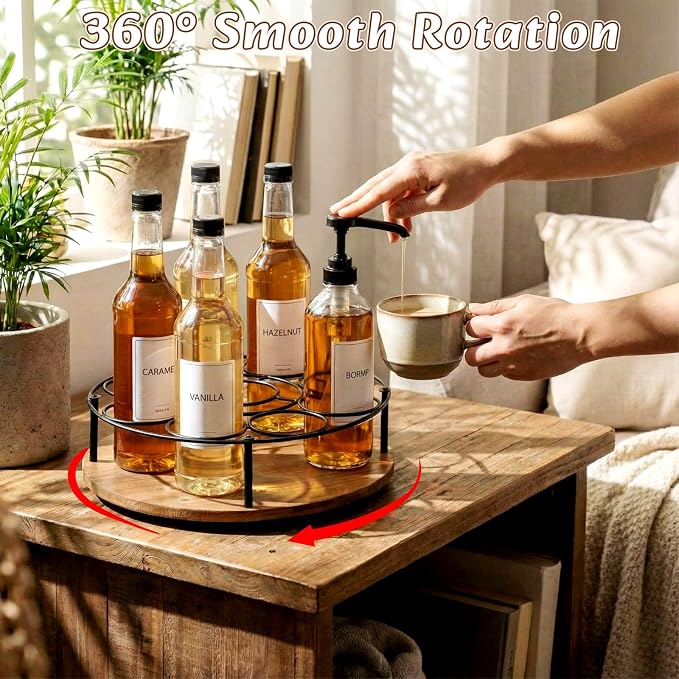 1 Pcs 9 Bottles Rotating Coffee Syrup Organizer, Large S Syrup Rack Carbon Steel Frame with Wooden Base Bottle Holder Stand for Coffee Bar Station, Turntable Wine Display Tray - Image 3