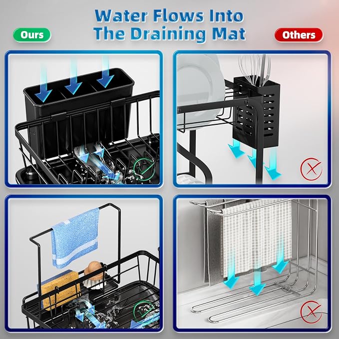 Dish Drying Rack, Stainless Steel-Dish Rack, (Black2 with Sponge Rack ) | Dish Racks for Kitchen Counter, Kitchen Dish Drainers with Removable Utensil Holder,New drain outlet, - Image 4