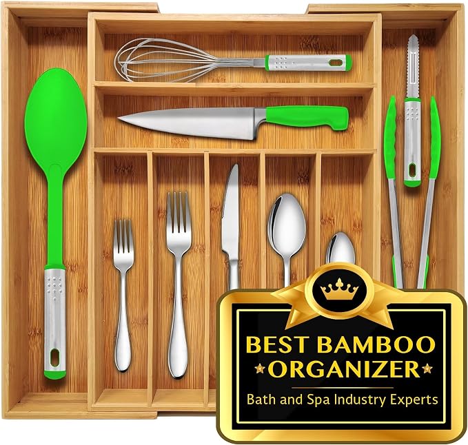 Bamboo Kitchen Drawer Organizer, Expandable Wood Utensil Tray, Adjustable Silverware Organizer with 9 Compartments for Fork, Spoon & Knife Utensils by NatureGear