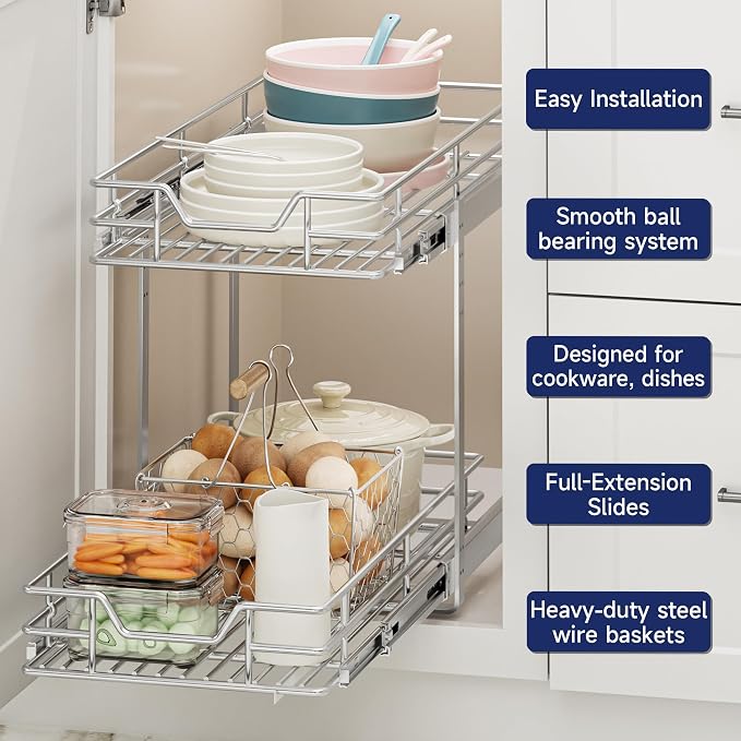 2-Tier Pull Out Cabinet Organizer, 10.5" W x 21.5" D, Heavy Duty Dual Slide Out Shelves for Narrow Base Cabinets, Chrome Wire Basket Drawer for Spices, Bottles & Snacks - Image 4