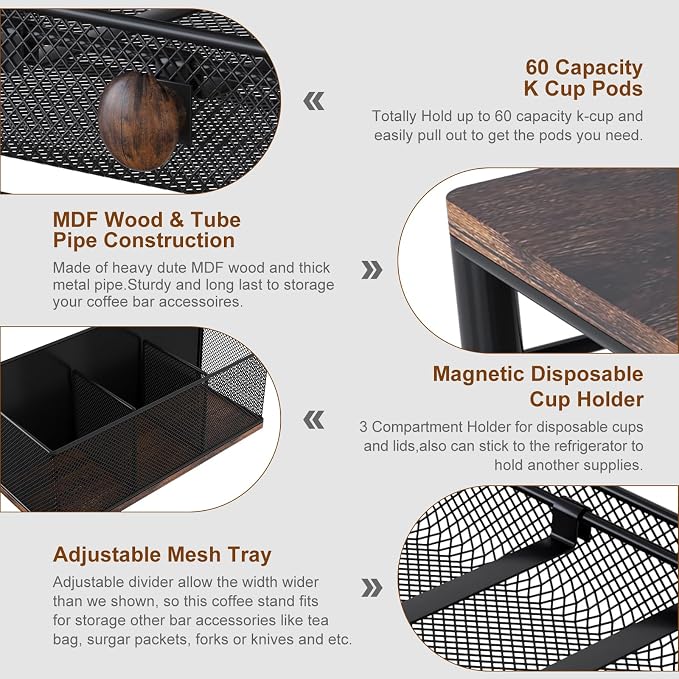 TQVAI K Cup Holder - 60 Capsule Capacity 2 Tier Sliding Pods Storage Drawer with Disposable Cups & Lids Holder, Coffee Bar Station Organizer for Countertop, Black - Image 7