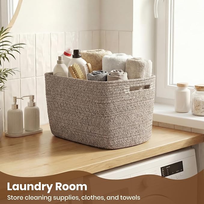 Storage Baskets for Organizing, 14 x 10 x 9” Closet Shelf Woven Baskets, Square Bins with Handles, Cotton Rope Basket for Clothes, Office, Room, Brown 4 Pack - Image 6