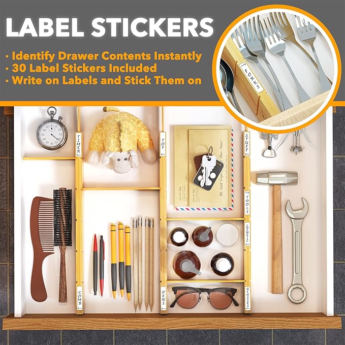 SpaceAid Bamboo Drawer Dividers with Inserts and Labels, 4 Dividers with 9 Inserts (17-22 in), Bag Storage Organizer (4 Pack) - Image 6
