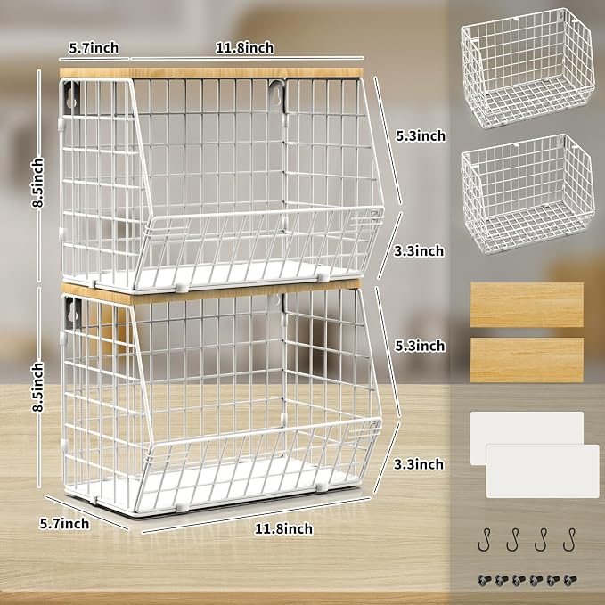 Mefirt Fruit Basket, 2-Tier Fruit Bowl for Kitchen Counter, Stackable Wall Mounted Fruit Storage, Snack Organizer, Potato and Onion Storage Basket, Hanging Pantry Storage with Wood Lid, 2 Set, White - Image 6