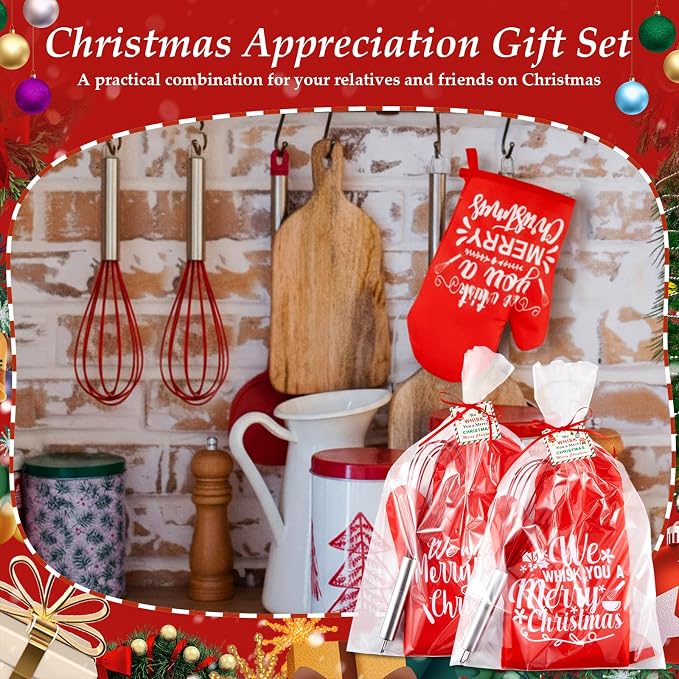 LemonRoad 12 Sets Christmas Whisk Baking Gift Set Xmas Silicone Whisks Oven Mitt Pot Holder Greeting Cards Ribbon Bags for Holiday Kitchen Utensils Cooking Supplies Neighbor Gift(Exquisite,Red) - Image 6