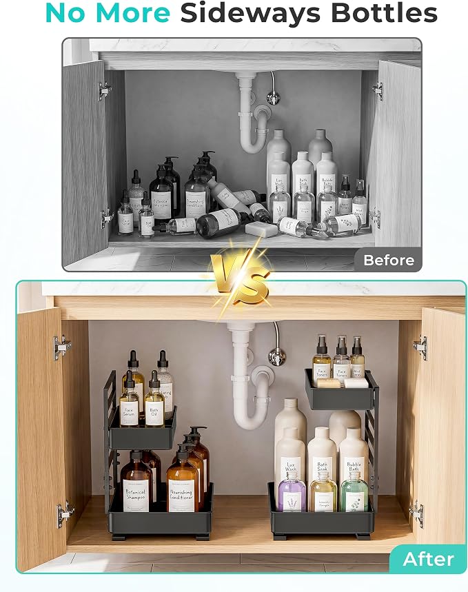 EVERIE Height Adjustable 2 Tier Metal Pull Out Slide Shelf Organizer for Under Sink Cabinets in Kitchen, Bathroom, with Snap-on Top Tray, 16" Deep (Black, 2 Sets) | Pull Out - Image 2