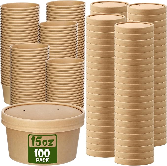 Fulmoon 100 Pack Paper Soup Containers with Lids Disposable Paper Food Containers with Vented Lid Kraft Ice Cream Cake Dessert Cups Soup Bowl for Party Hot Food Fruit Microwave(15 oz,Brown) by Fulmoon