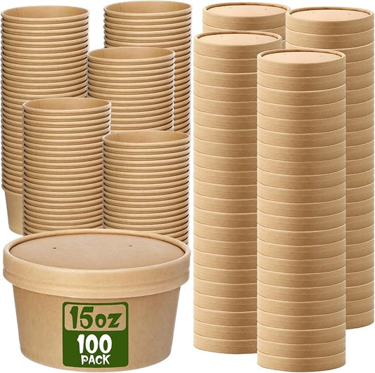 Fulmoon 100 Pack Paper Soup Containers with Lids Disposable Paper Food Containers with Vented Lid Kraft Ice Cream Cake Dessert Cups Soup Bowl for Party Hot Food Fruit Microwave(15 oz,Brown) by Fulmoon