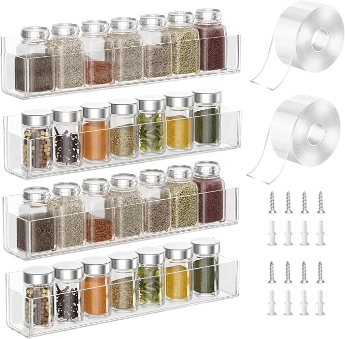 PMMASTO Adhesive Acrylic Spice Rack Organizer for Wall with 2 Nano Double Sided Tape, Spice Shelf Organization for Kitchen Cabinet Door/Pantry Door, Wall Mount Seasoning Rack (Clear-4 Pack) - Image 7