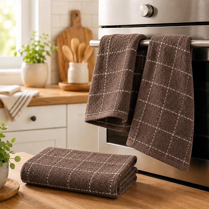 Kitinjoy 100% Cotton Terry Kitchen Towels, 13”x 28”, 8-Pack, Brown | Checkered Designed, Ultra Soft Absorbent Quick Drying Dish Towels - Image 7