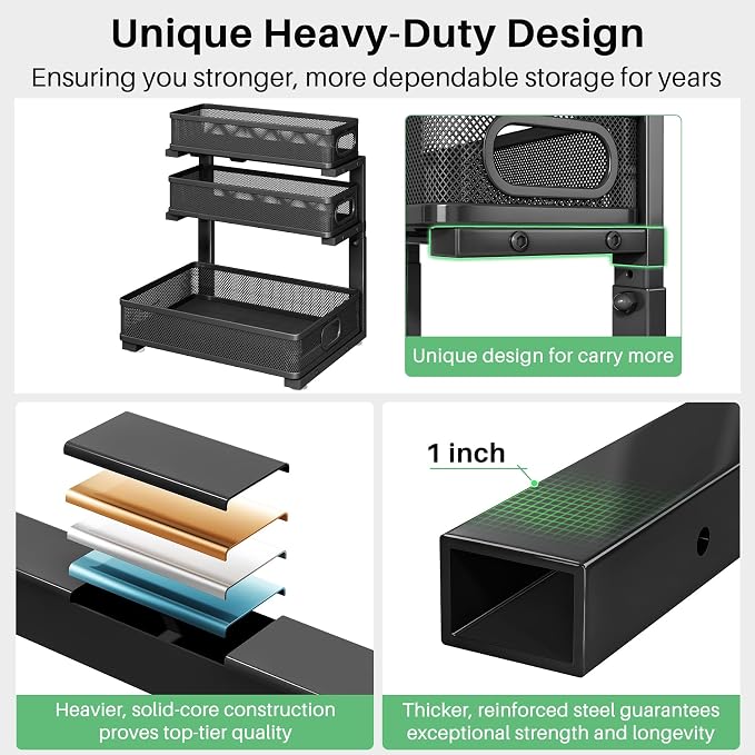 Kitstorack Under Sink Organizer, 2-Pack 3-Tier Height Adjustable Thickened Metal Pull out Cabinet Organizer Shelf, Slide out Storage Drawer Rack for Bathroom Kitchen Pantry Home Laundry Organization - Image 6