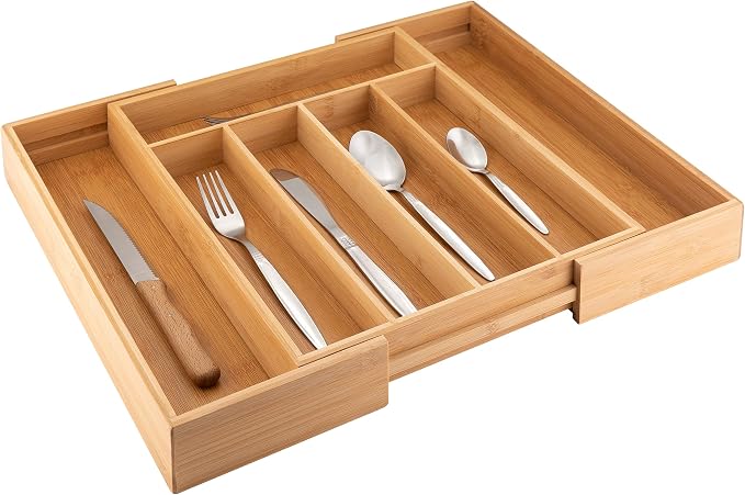 axentia Wood Cutlery Tray - Expandable Bamboo Cutlery Tray Utensil Organiser Flatware Drawer Insert & Divider - 5 to 7 Compartments - Extendable 31 to 48.5cm - Image 4