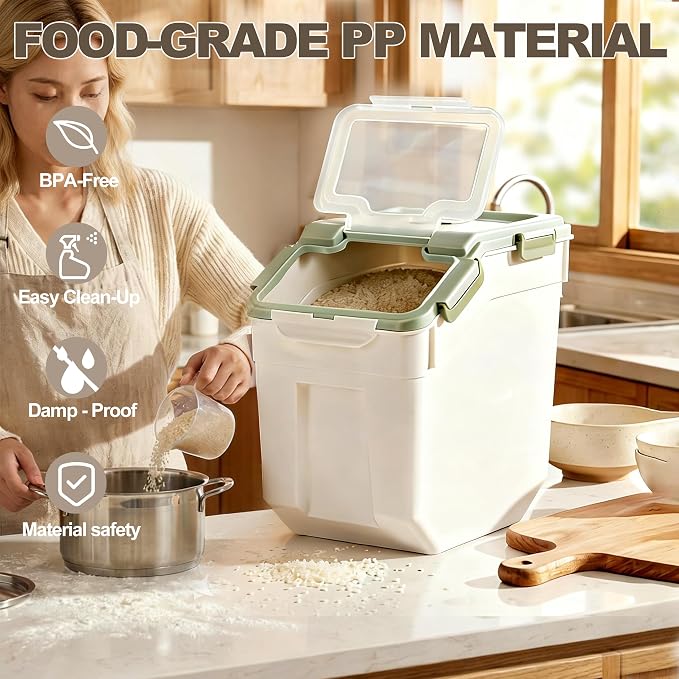 RUIAN 2Pcs Large Flour Storage Container Bin 50Lb Airtight Rice Storage Containers with Wheels Seal Locking Lid, BPA Free with Measuring Cup&Scoop for Flour, Rice, Grain 100LBS Total (Green) - Image 3