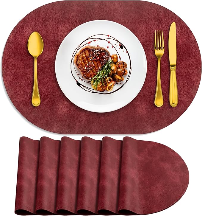 ADRIMER Placemats, Heat Resistant Oval Placemats Set of 6 Washable 12 x 17 Inch, Waterproof Table Mats, Wipeable Pu Place Mats for Kitchen, Dining Room, Wine Red by Adrimersdreamistobeanindispensablecompanioninyourlife