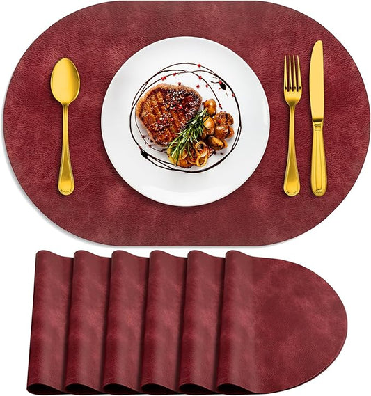 ADRIMER Placemats, Heat Resistant Oval Placemats Set of 6 Washable 12 x 17 Inch, Waterproof Table Mats, Wipeable Pu Place Mats for Kitchen, Dining Room, Wine Red by Adrimersdreamistobeanindispensablecompanioninyourlife