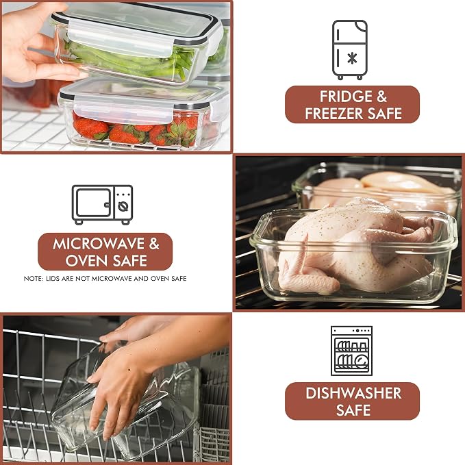 Razab 16 Pc (Set of 8) 30 Oz Glass Meal Prep Containers with Lids, Airtight Large Glass Food Storage Containers, Reusable Leak Proof BPA Free, Freezer to Oven and Dishwasher Safe - Image 5