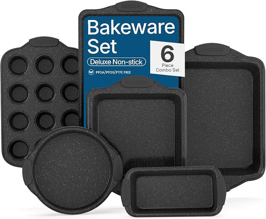 6-Piece Nonstick Gray Marble Coated Bakeware Set - Professional Quality Carbon Steel Pans with Silicone Handles - Ideal for Oven, Refrigerator, Freezer - Dishwasher Safe by BAKK%C3%8BNMASTER