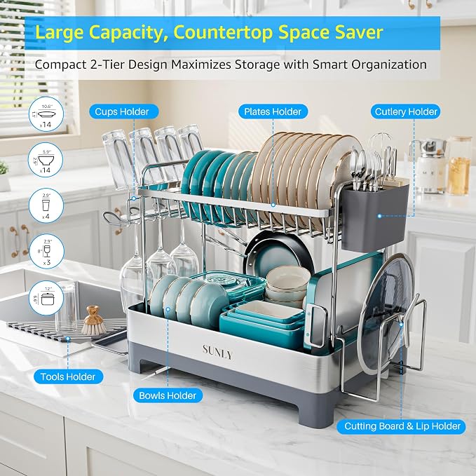 Large Dish Drying Rack, Multipurpose 2 Tier Dish Racks for Kitchen Counter, 304 Stainless, Extra Large Drain Board, Gray - Image 3