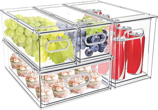 4 pack Stackable Fridge Drawers Pull-Out Bins Divided Produce Saver Containers for Refrigerator Storage Organizers for Veggie Fruit Berry Pantry Cabinet Makeup Clothes by MineSign