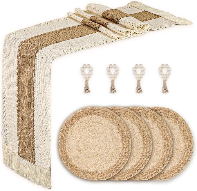 Placemats Set of 4,Natural Round Placemats with Table Runner & Napkin Rings | Made of Cotton Burlap and Corn Husk,Protective,Heat-Resistant,Non-Slip Boho Table Mats Fall Placemats for Dining Table Décor by Zology