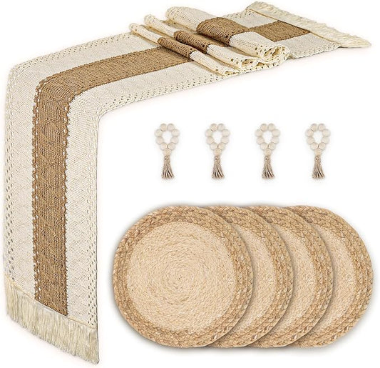 Placemats Set of 4,Natural Round Placemats with Table Runner & Napkin Rings | Made of Cotton Burlap and Corn Husk,Protective,Heat-Resistant,Non-Slip Boho Table Mats Fall Placemats for Dining Table Décor by Zology