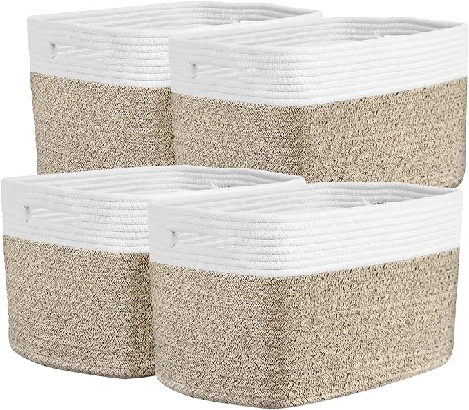 Storage Baskets for Organizing, 14 x 10 x 9” Closet Shelf Woven Baskets, Square Bins with Handles, Cotton Rope Basket for Clothes, Office, Room, White+Rice Brown 4 Pack by Unknown