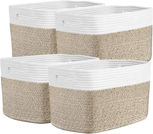 Storage Baskets for Organizing, 14 x 10 x 9” Closet Shelf Woven Baskets, Square Bins with Handles, Cotton Rope Basket for Clothes, Office, Room, White+Rice Brown 4 Pack by Unknown